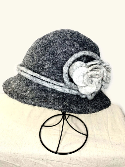 Felt Charcoal Hat with Flower