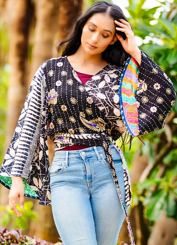 Reversible Kantha Black-Tones Butterfly Top