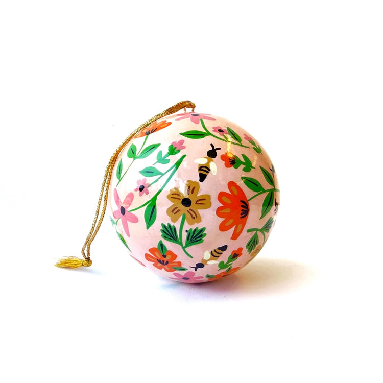 Floral Bumblebee Paper Mache Ball Ornament