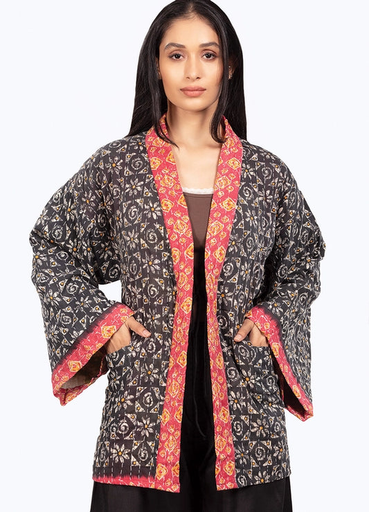 Reversible Black Toned Kantha Kimono Jacket