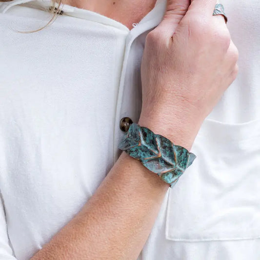 Teal Wrapped Leaf Copper Patina Cuff