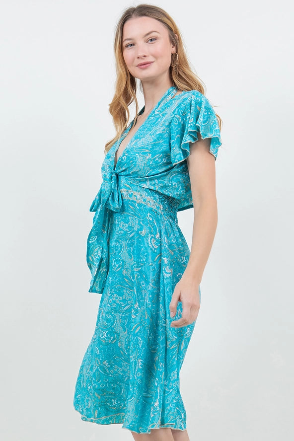 Silky Tie Front Twirl Dress