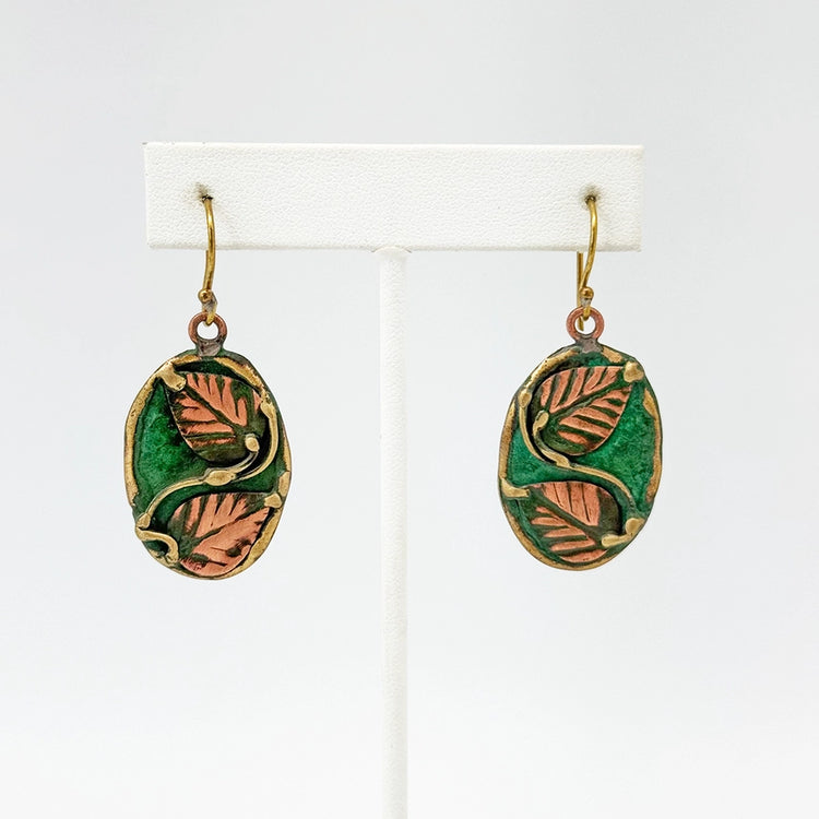 Green & Copper Vine Leaf Patina Earrings