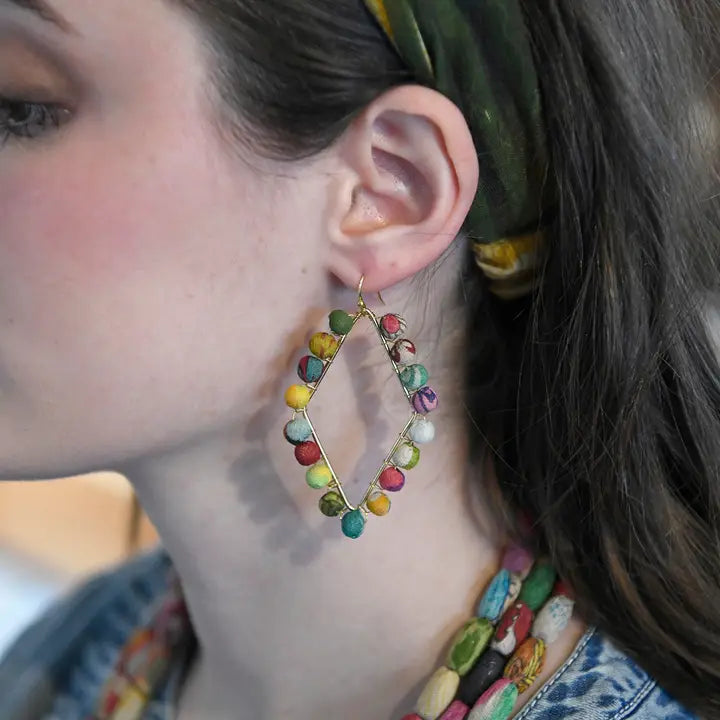 Dotted Diamond Kantha Framed Earrings