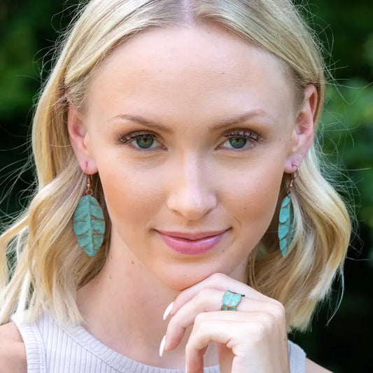 Copper Teal Leaf Earrings