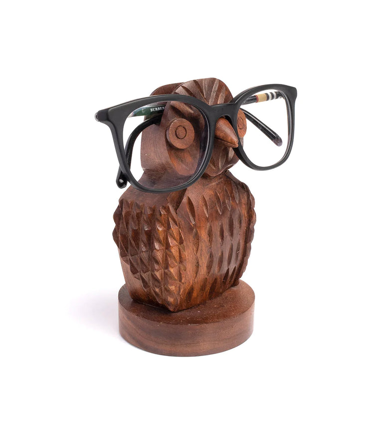 Hand Carved Hoodwink Owl Eyeglass Holder Stand