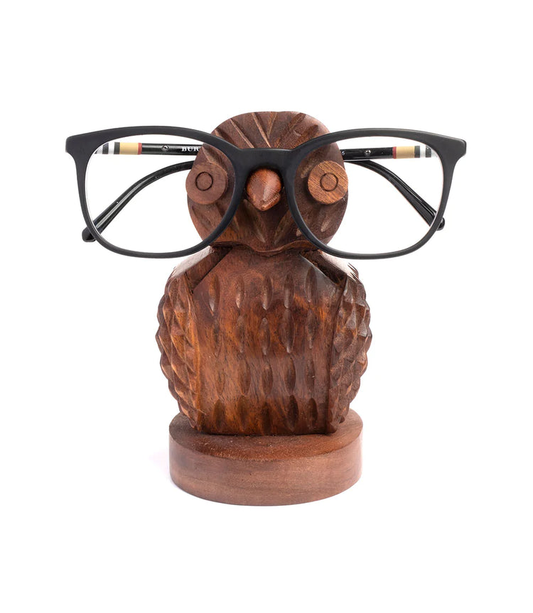 Hand Carved Hoodwink Owl Eyeglass Holder Stand
