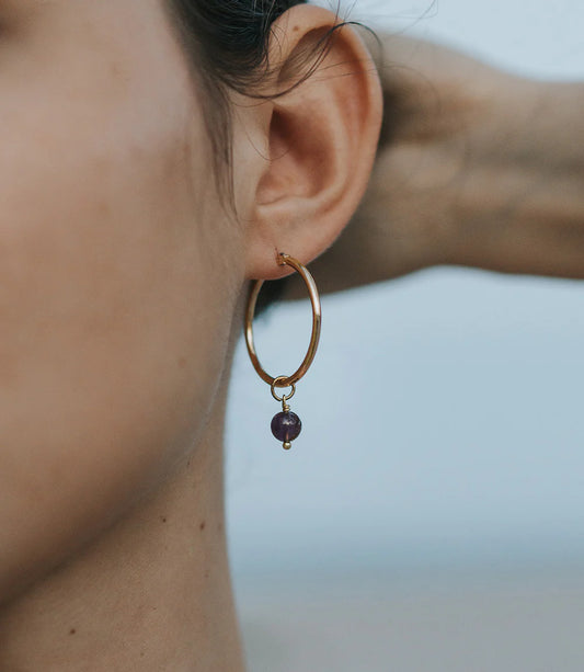 Jambumani Amethyst Bead and Braided Brass Hoops, Set of 2