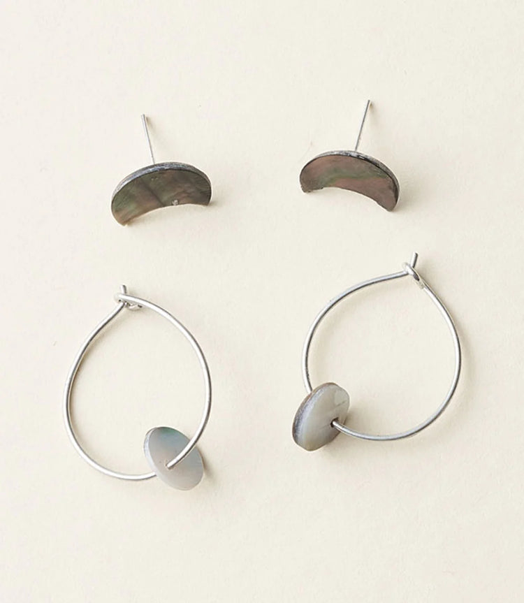 Chandra Mini Moon and Disc Hoop Earrings, Set of 2- Shell