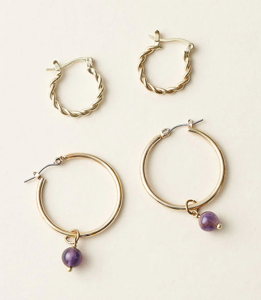 Jambumani Amethyst Bead and Braided Brass Hoops, Set of 2