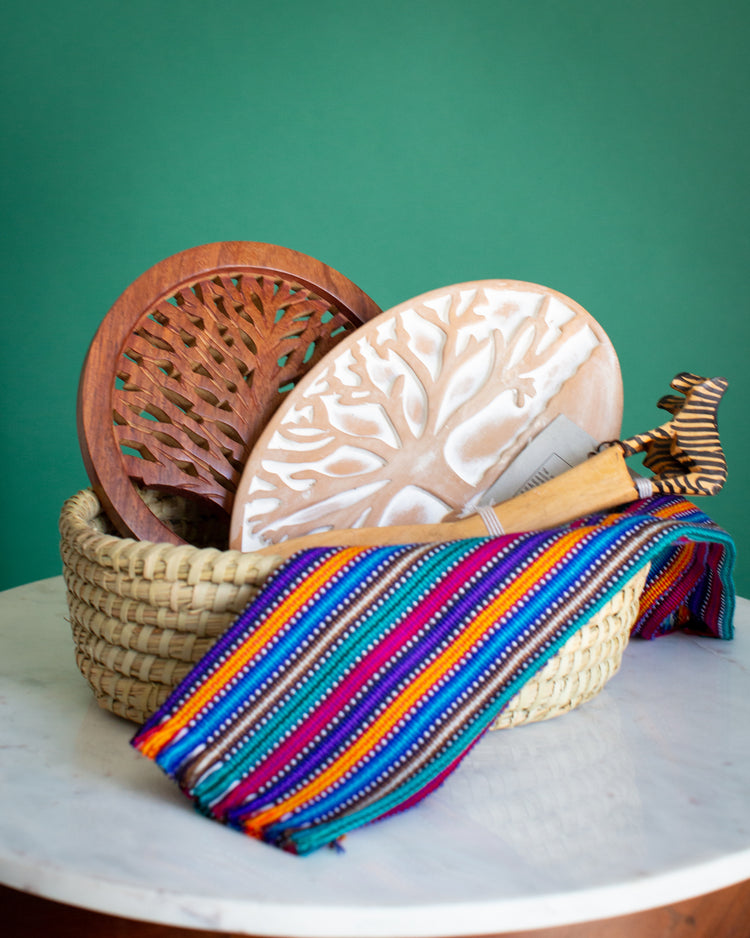 Fair Trade Home Gifts Zebra Wooden Serving Spoons, Dish Towel, Trivet, Bread Basket