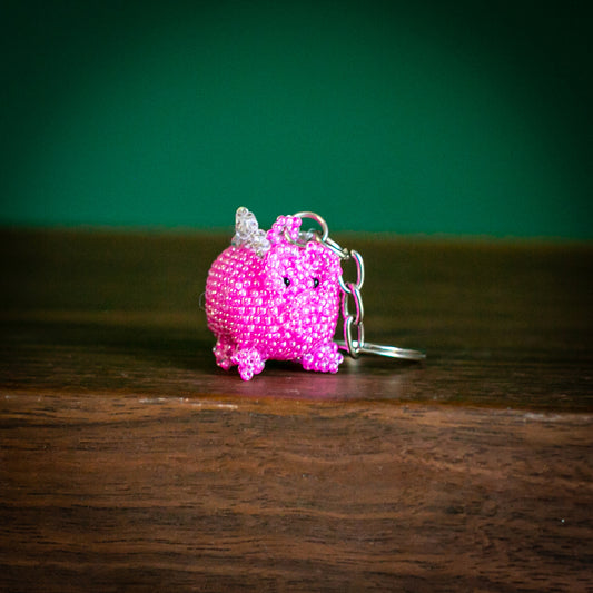 pink pig on wood table