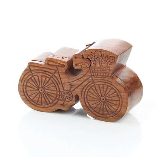 puzzle box made of wood shaped like a bicycle