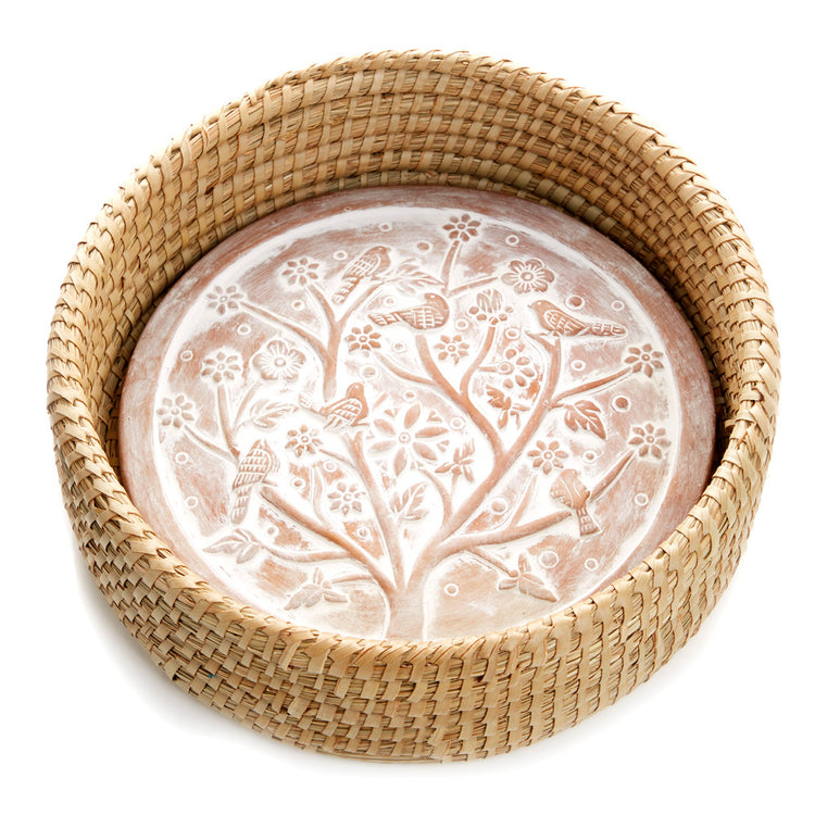 circular breadwarmer with clay warming stone with flower pattern