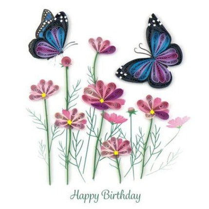 quilling card with pink flowers and blue butterflies - says happy birthday
