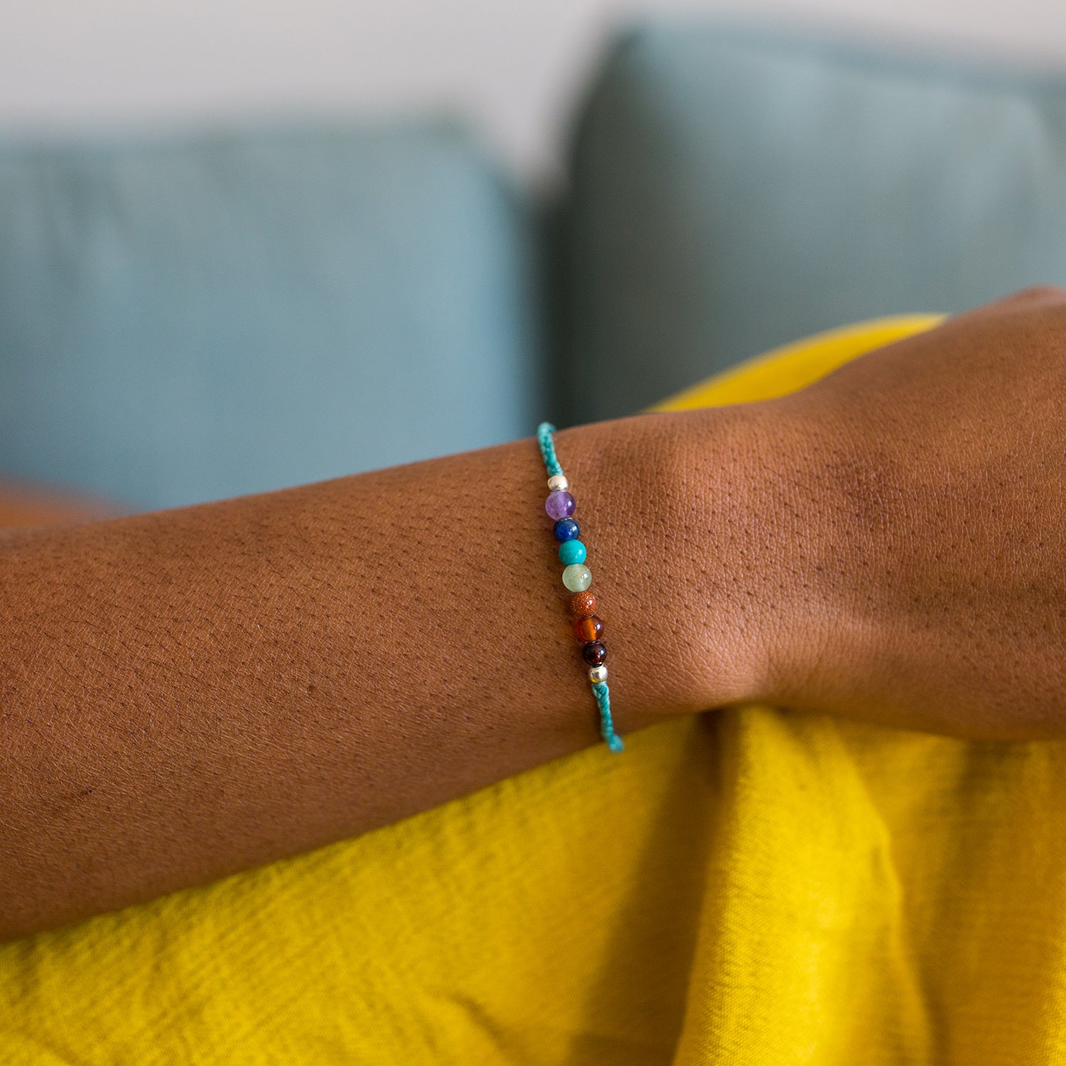 String Chakra bracelet handmade in Guatemala