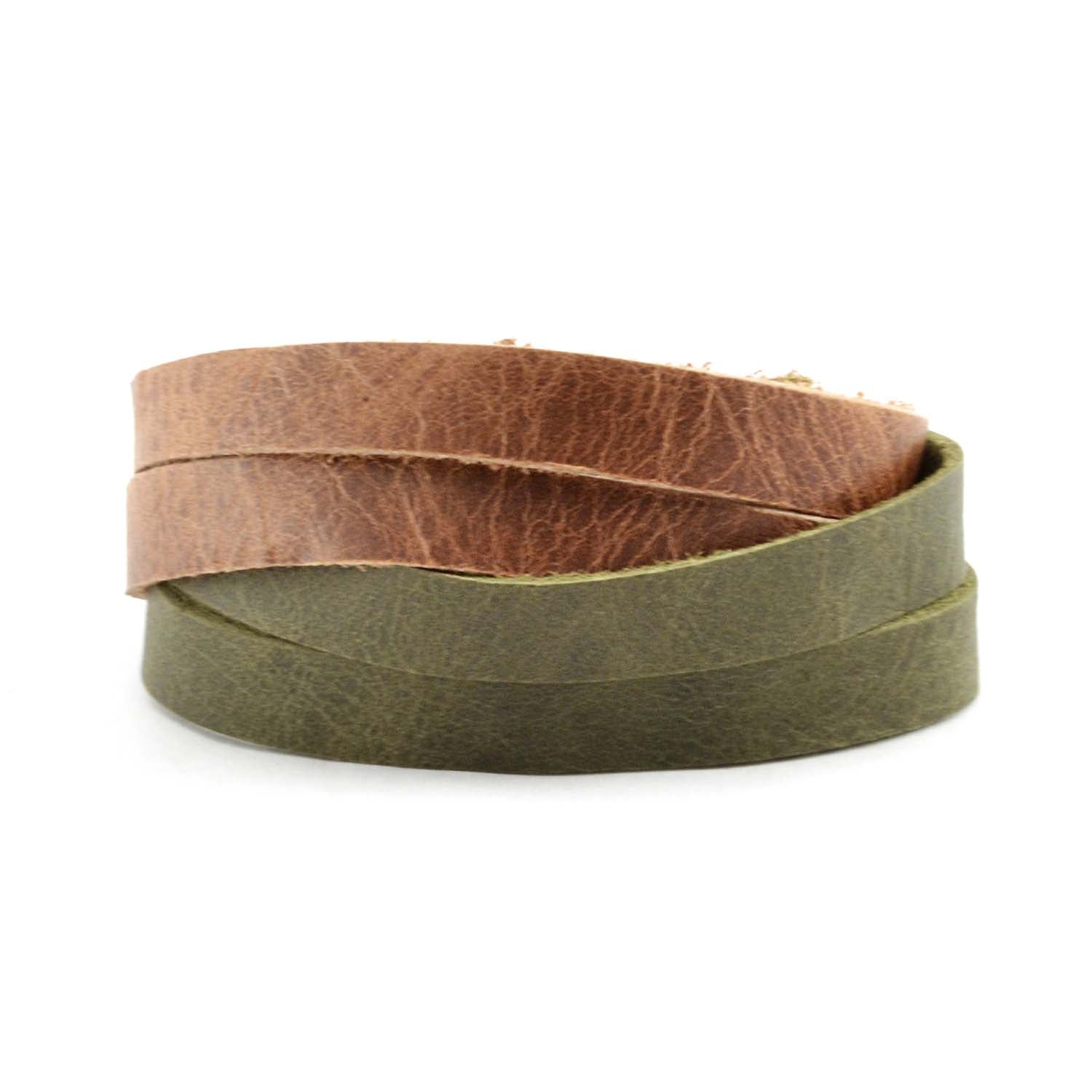 Lucia's World Emporium Fair Trade Handmade Guatemalan Criss Cross Leather Bracelet in tan and green
