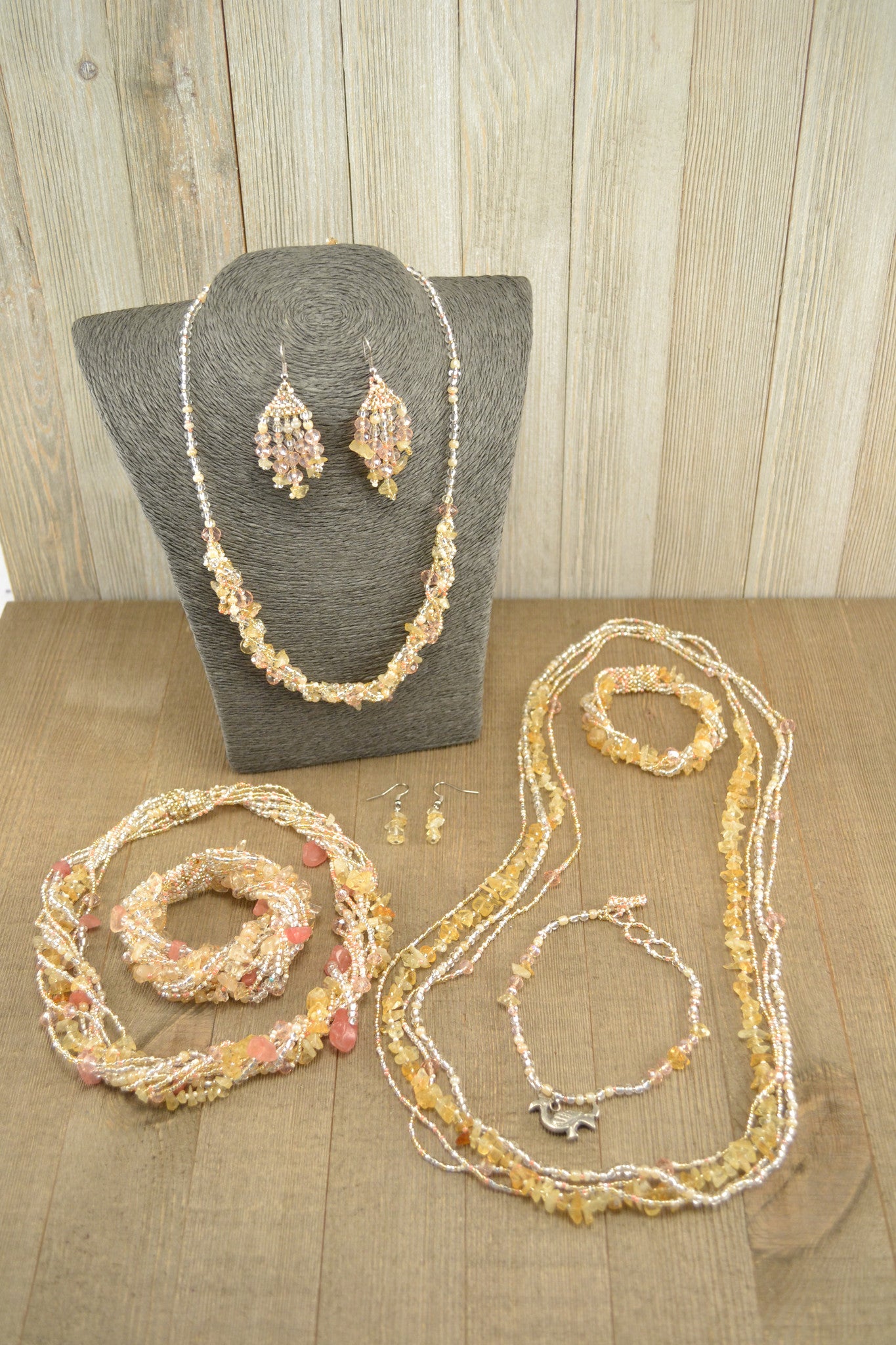 Lucia's World Emporium Fair Trade Handmade Guatemalan Beaded Four Strand Rock Candy Bracelet set in citrus