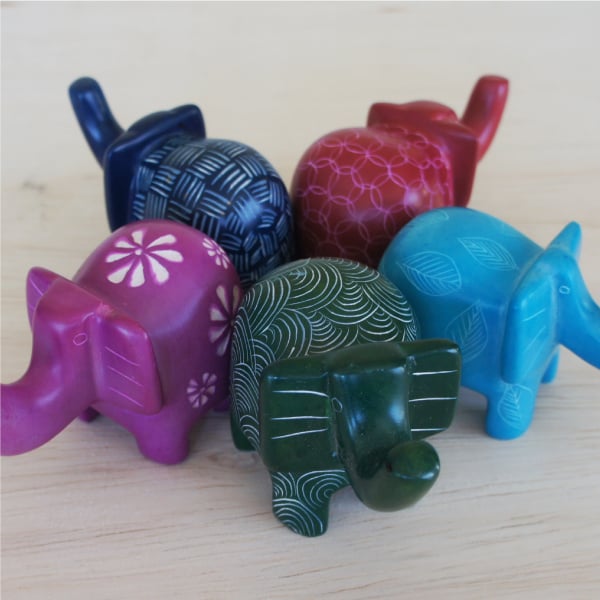 5 colorful soapstone elephant figurines