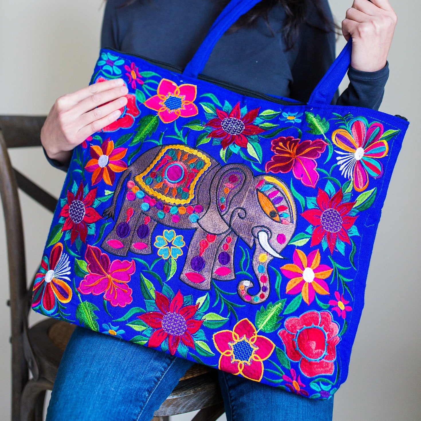 fair trade elephant embroidered tote bag ethical style