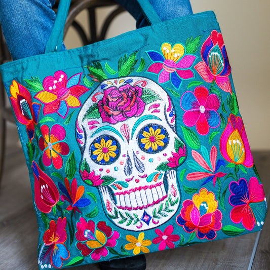 fair trade skeleton embroidered tote bag day of the dead accessories ethical handbag