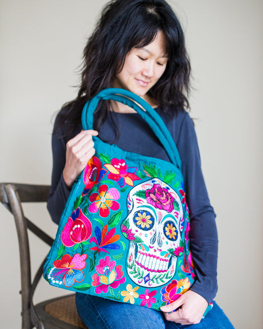 fair trade skeleton embroidered tote bag day of the dead accessories ethical handbag