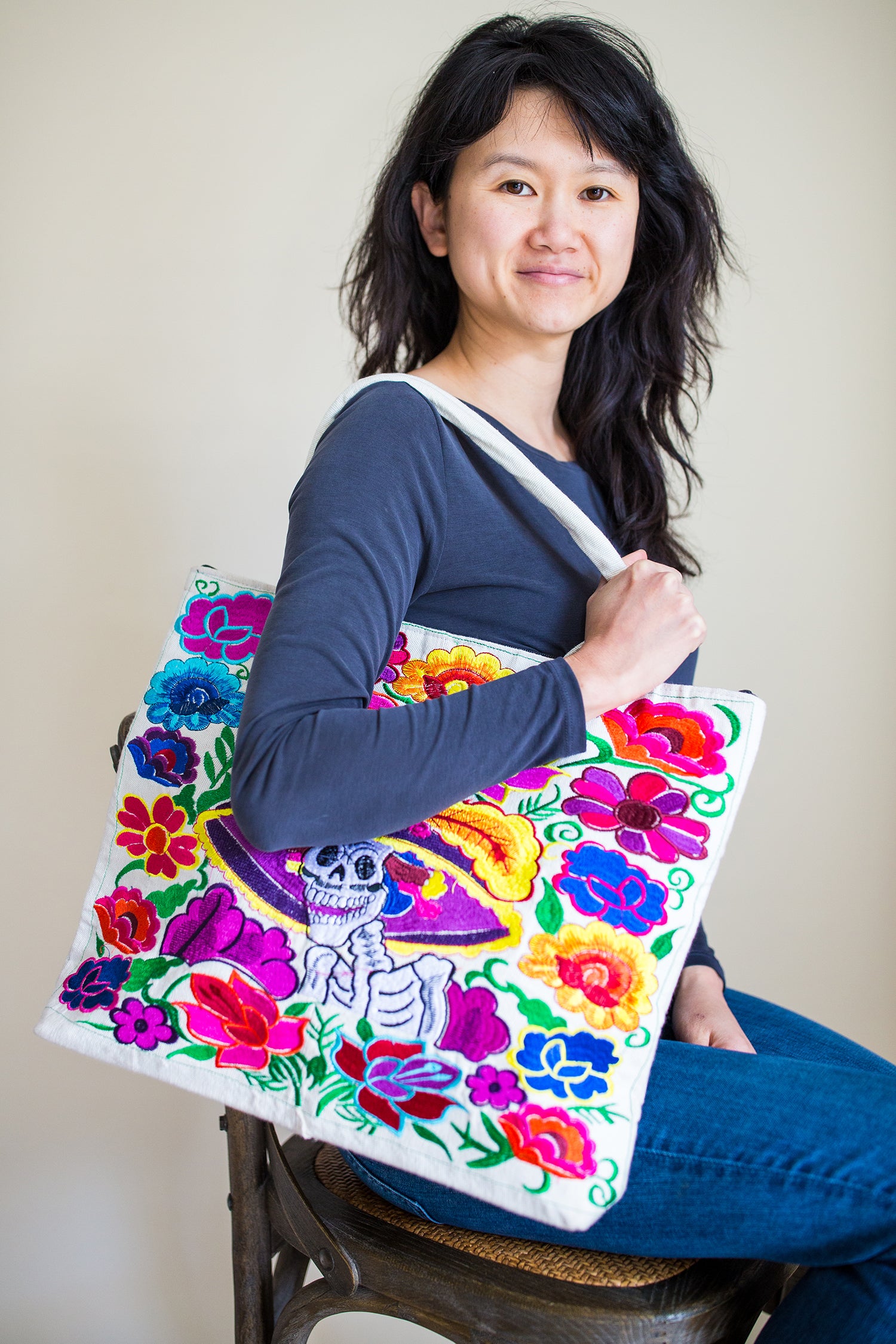fair trade skeleton embroidered tote bag day of the dead accessories ethical handbag