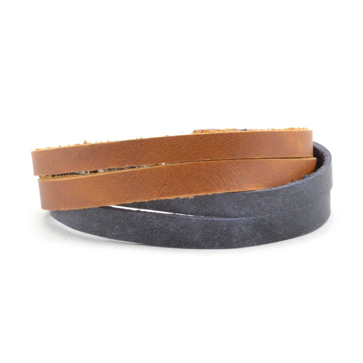 Lucia's World Emporium Fair Trade Handmade Guatemalan Criss Cross Leather Bracelet in brown and blue