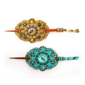 Lucia's World Emporium Handmade Fair Trade Beaded Stick Barrette from Guatemala in teal and gold