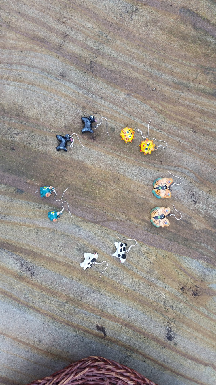 Lucia's World Emporium handmade fair trade brightly colored ceramic earrings in various shapes