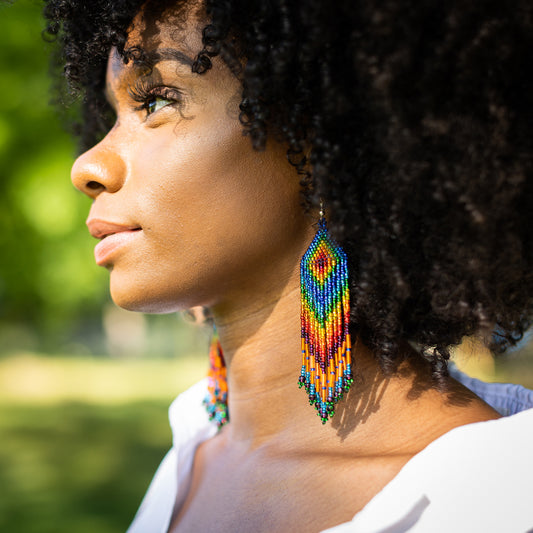 XL Beaded Feather Earring Rainbow