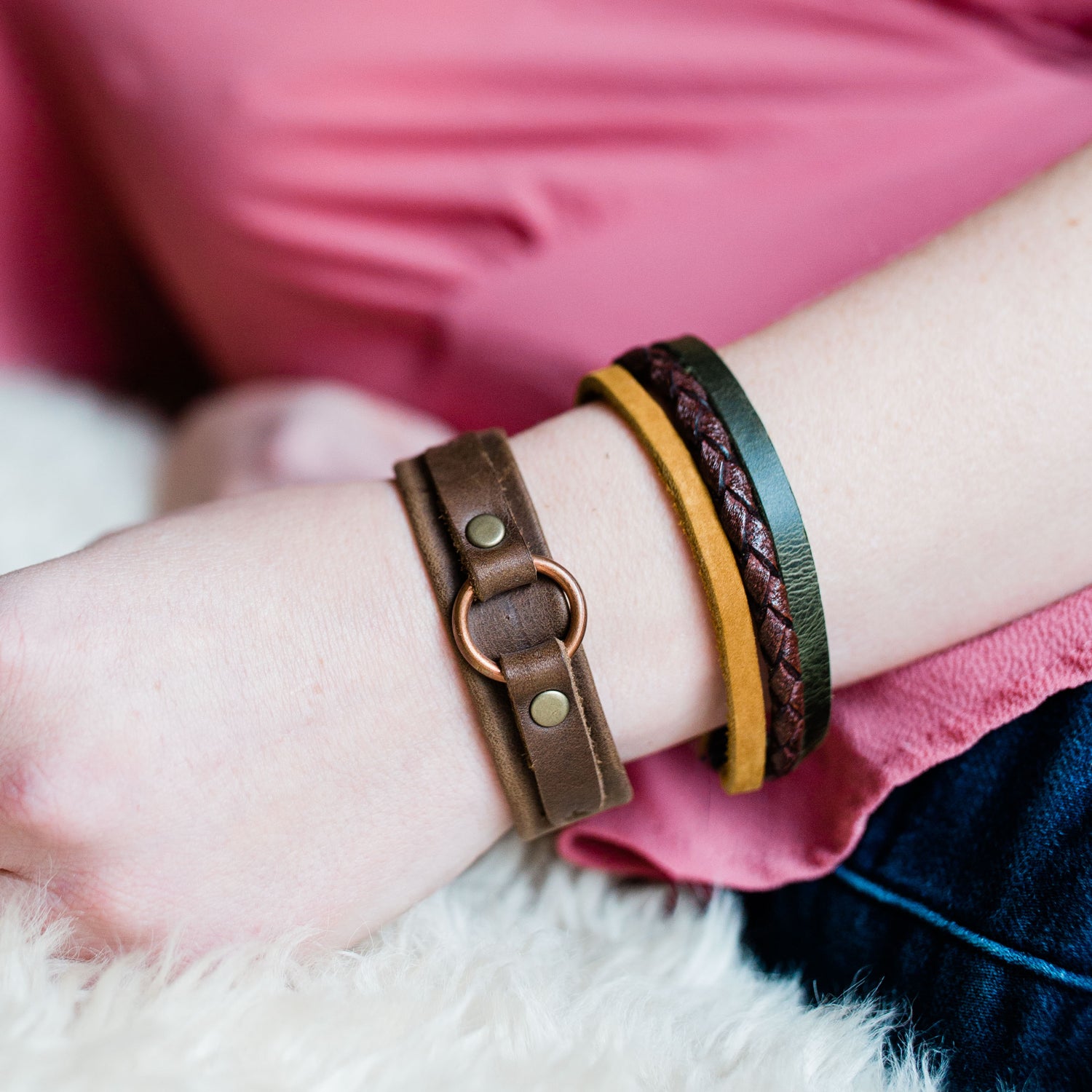 fair trade leather bracelet handmade braided multi color ethically made jewelry