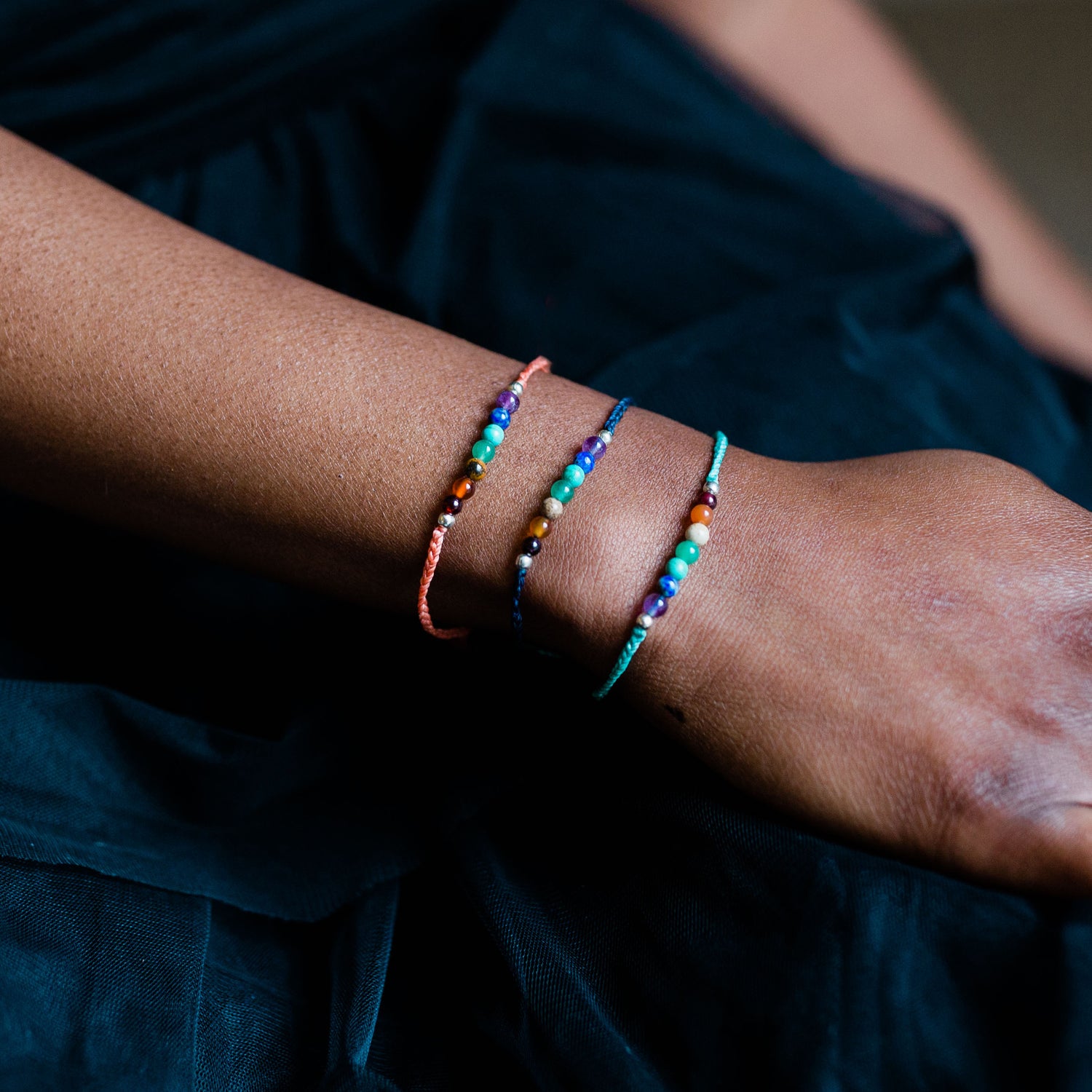 String Chakra bracelet handmade in Guatemala