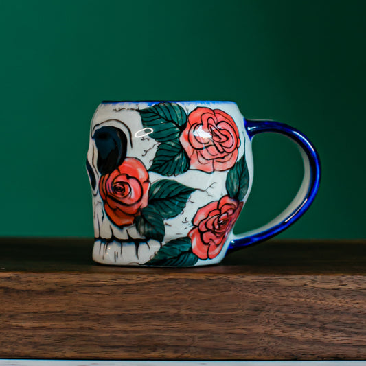 Lucia's World Emporium Fair Trade & Handmade Ceramic Sugar Skull Mug with Rose Design from Guatemala