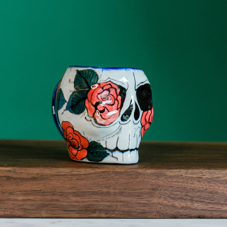 Lucia's World Emporium Fair Trade & Handmade Ceramic Sugar Skull Mug with Rose Design from Guatemala