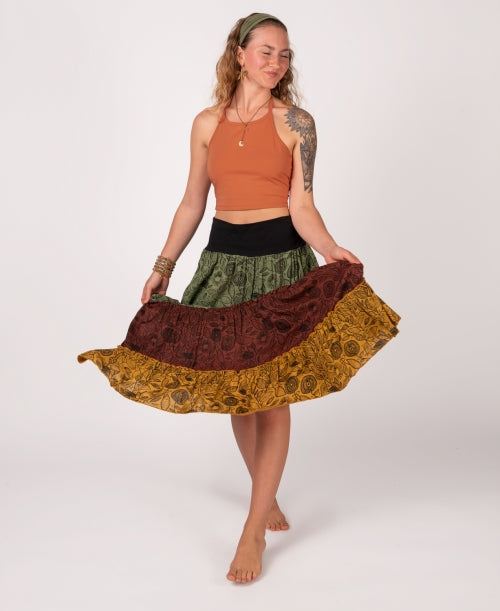 Green Three Tier Maxi Skirt with Pocket