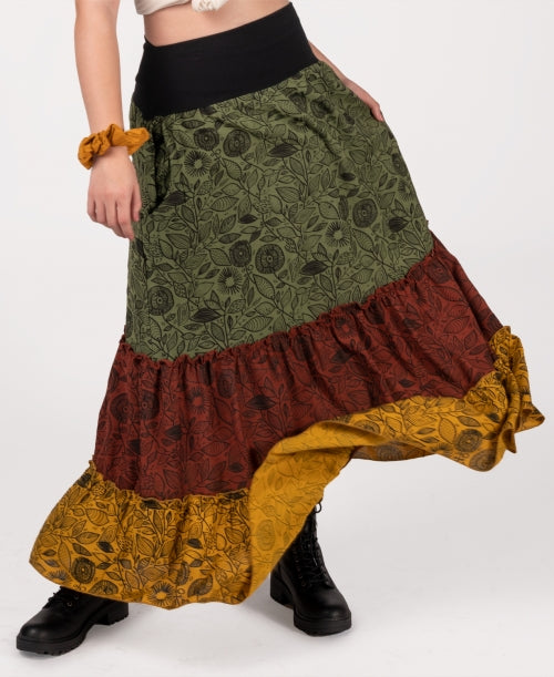 Green Three Tier Maxi Skirt with Pocket