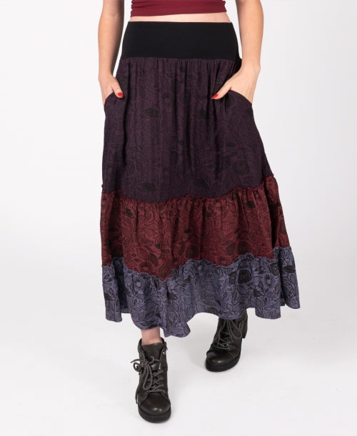 Plum Three Tier Maxi Skirt with Pockets