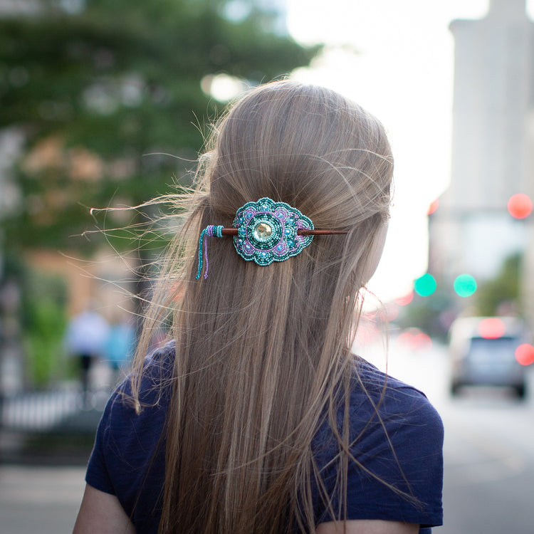 Lucia's World Emporium Handmade Fair Trade Beaded Stick Barrette from Guatemala in teal