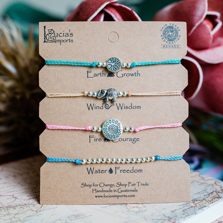 Fair Trade String Bracelets from Guatemala, Tree of life, Elephant, Sun, Silver beads