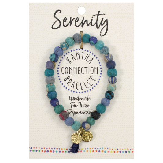 blue kantha beaded bracelet about serenity on card