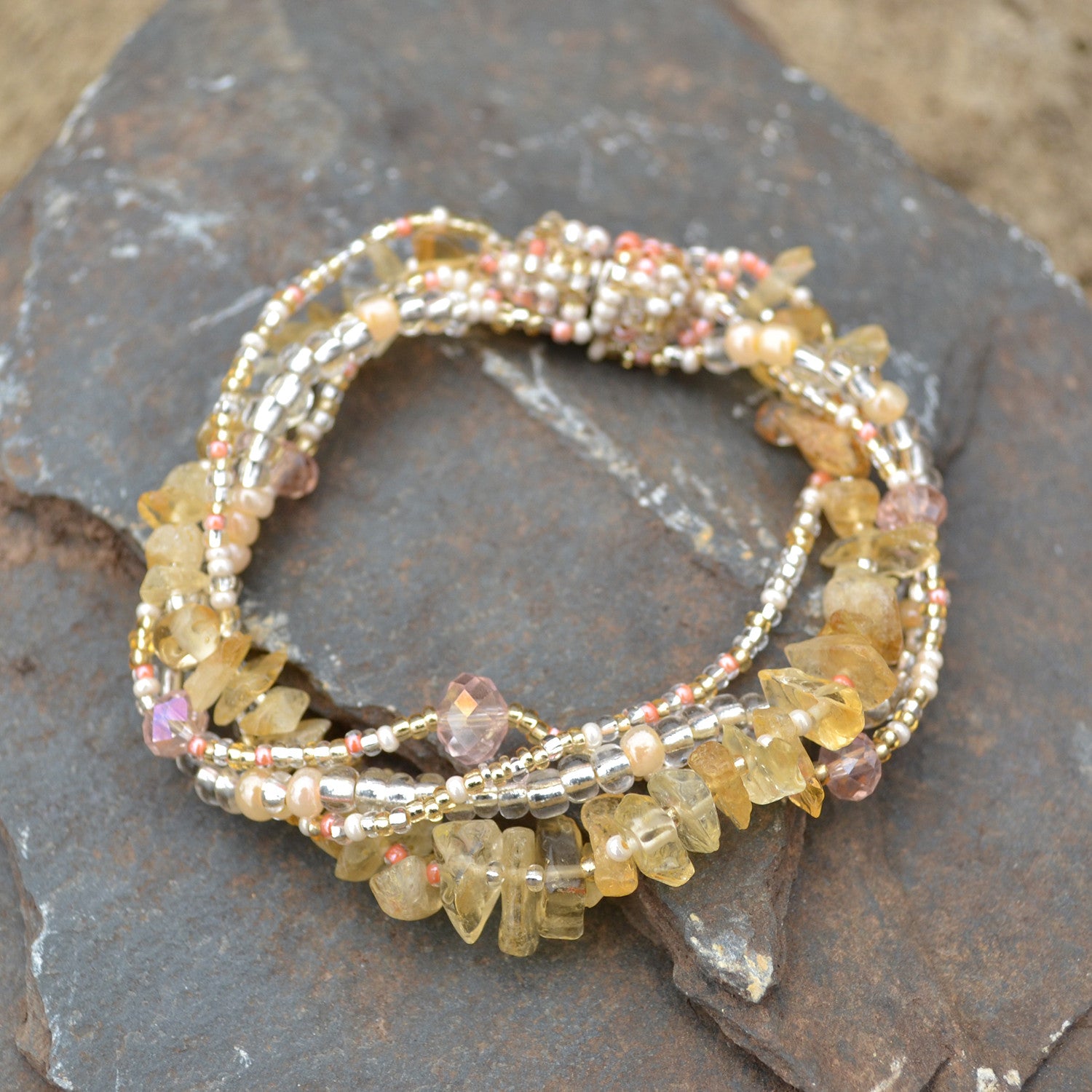 Lucia's World Emporium Fair Trade Handmade Guatemalan Beaded Four Strand Rock Candy Bracelet in Citrus