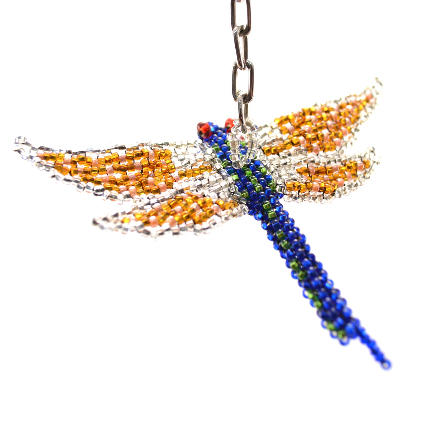 beaded dragonfly keychain blue body yellow wing
