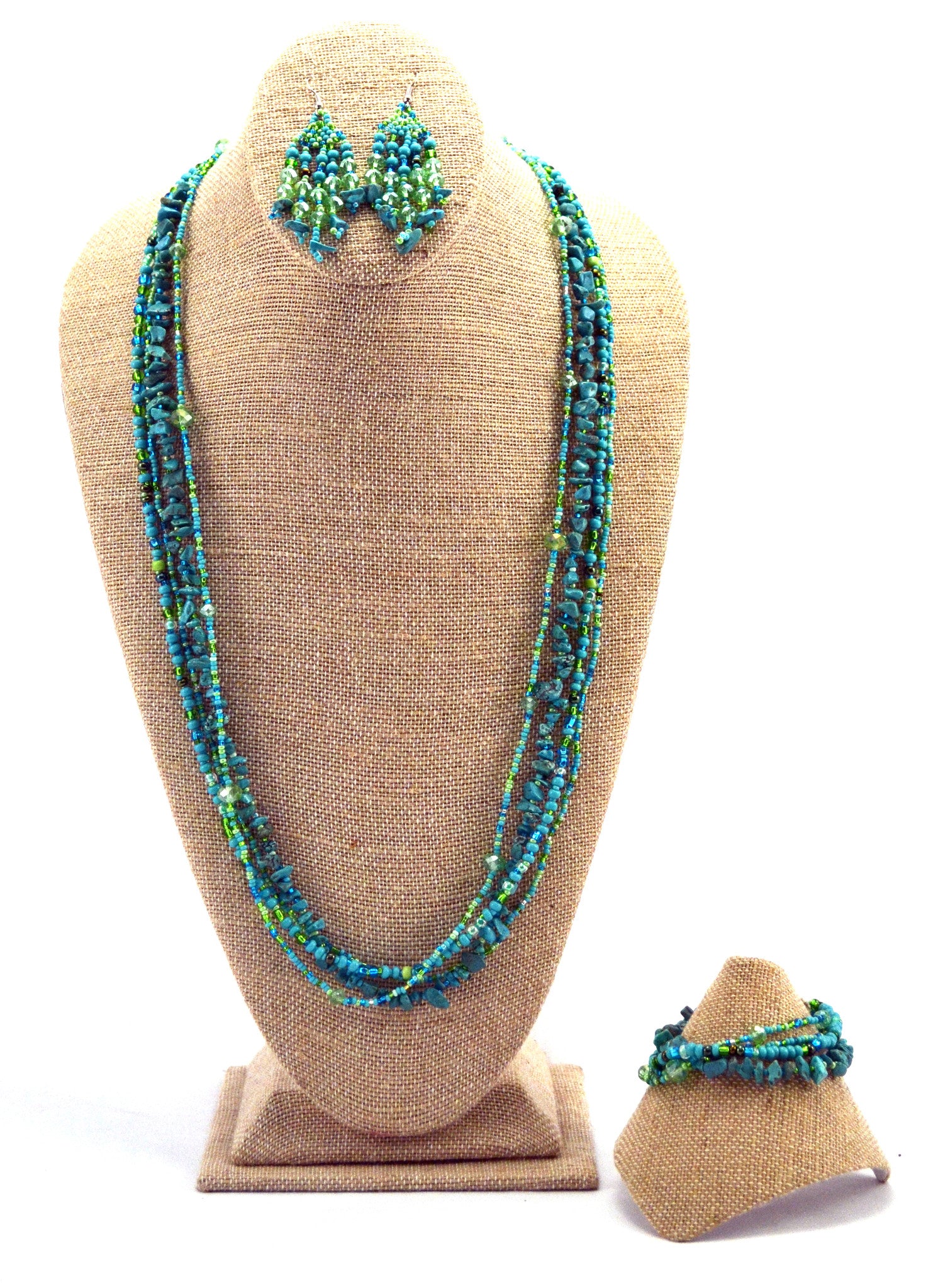 Lucia's World Emporium Fair Trade Handmade Guatemalan Beaded Four Strand Rock Candy Bracelet set in turquoise