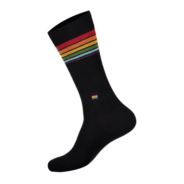 Rainbow black socks that save LGBTQ Youth suicide prevention conscious step Made in India 75% Organic Cotton, 23% Polyamide, 2% Spandex Fairtrade, GOTS, and Vegan Certified Seamless Toe
