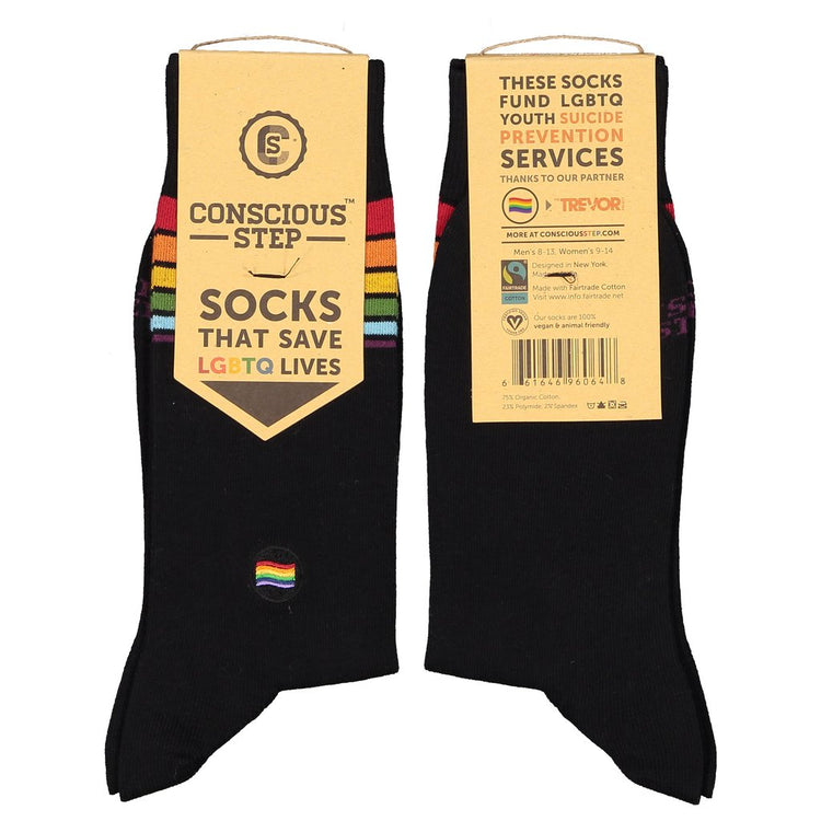 Rainbow black socks that save LGBTQ Youth suicide prevention  conscious step Made in India 75% Organic Cotton, 23% Polyamide, 2% Spandex Fairtrade, GOTS, and Vegan Certified Seamless Toe