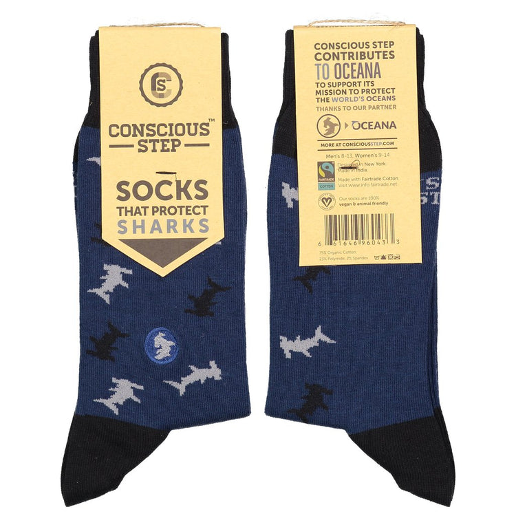Oceana protect oceans shark blue black socks conscious step Made in India 75% Organic Cotton, 23% Polyamide, 2% Spandex Fairtrade, GOTS, and Vegan Certified Seamless Toe